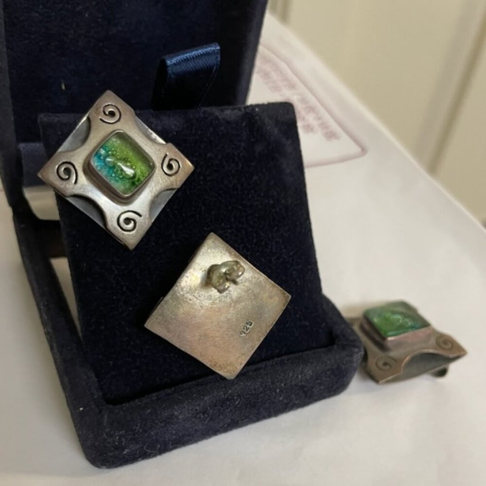 Vintage 925 Silver Pendant/Earring Set with Blue-Green Glass - Picture 3 of 4